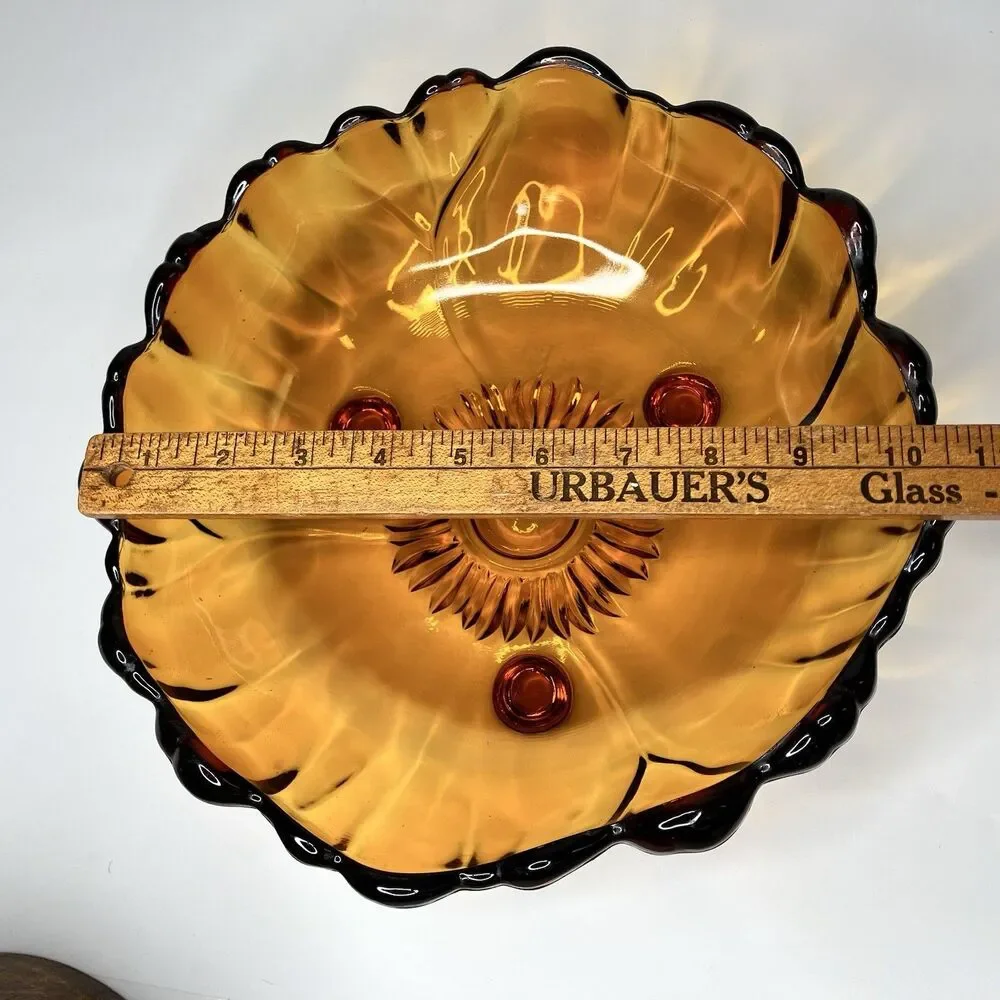 Vintage Indiana Amber Glass Sunflower Peony Serving Bowl 3 footed approx 11 inch